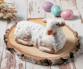 Easter sweet lamb cake, eggs on a wood  background, stock photo