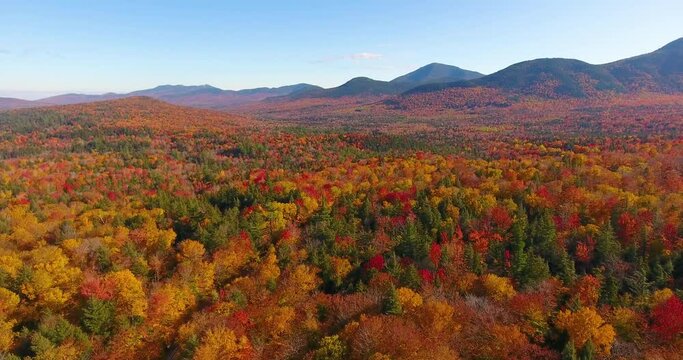 White Mountain National Forest fall foliage on Kancamagus Highway aerial view near Sugar Hill Scenic Vista, Town of Lincoln, New Hampshire NH, USA.