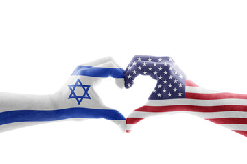 Two hands in the form of heart with United States and Israeli flag isolated on white background...