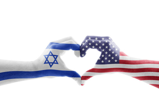 Two hands in the form of heart with United States and Israeli flag isolated on white background with clipping path