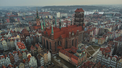 Aerial view of historic Town Hall and St. Mary's Church in Gdansk, Poland