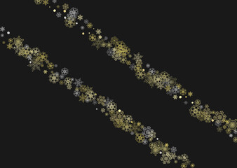 Glitter snowflakes frame on black horizontal background. Shiny Christmas and New Year frame for gift certificate, ads, banners, flyers. Falling snow with golden glitter snowflakes for party invite