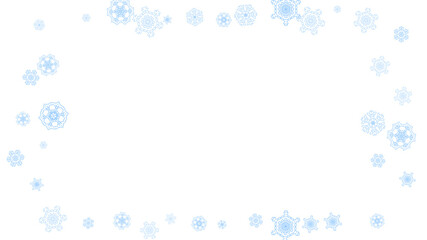 Winter frame with blue snowflakes for Christmas and New Year celebration. Horizontal winter frame on white background  for banners, gift coupons, vouchers, ads, party events. Falling frosty snow.