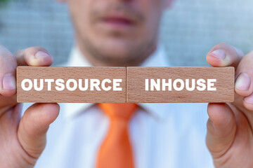 Concept of outsource or inhouse choice. Outsource or insource making decision. Outsourcing Global...