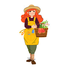 Cute smiling woman with straw hat and apron holding basket full of blooming flowers and green plants. Happy adorable female gardener isolated on white background. Flat cartoon vector illustration
