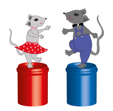 A pair of gray mice dance on garbage cans for recycling, sorting waste. Mouse party. A fun metaphor for the environment. Format vector and jpg. Isolated.
