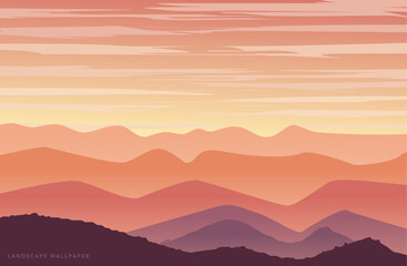 Beautiful vector landscape illustration - Peaceful warm sunrise over mountains, ocean and forest. Travel, hiking, outdoors and adventure concept. Use as background or wallpaper.