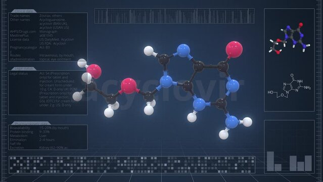 Molecule of acyclovir with infographics on the computer monitor, loopable 3d animation