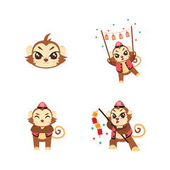Naklejka premium Set of cute monkey cartoon with traditional clothes Zodiac sign Vector illustration