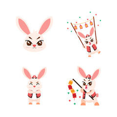 Set of cute rabbit cartoon with traditional clothes Zodiac sign Vector illustration