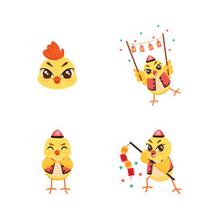 Set of cute rooster cartoon with traditional clothes Zodiac sign Vector illustration