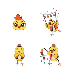 Set of cute rooster cartoon with traditional clothes Zodiac sign Vector illustration
