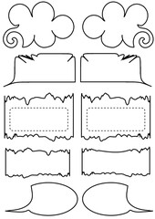 Set of irregular monochrome speech bubbles for communication. Frames for website, chat, or labels. Vector and jpg format, isolated. Place for text.