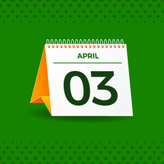 White and yellow calendar on green background. April 3th. Vector. 3D illustration.
