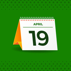 White and yellow calendar on green background. April 19th. Vector. 3D illustration.