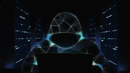 Animation of person seamless loop hacker working with laptop. Dark space internet security, program code security interface. Technology. Cyber security. Data Processing. Computer Programming. - Powered by Adobe
