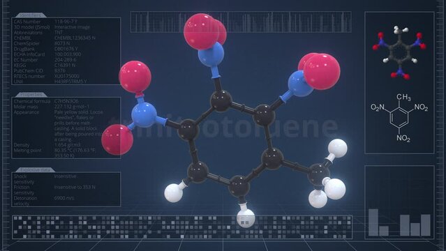 Overview of the molecule of trinitrotoluene on the computer screen. Loopable 3d animation