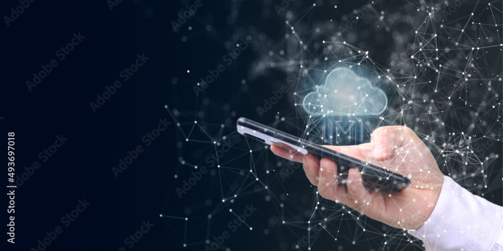 Poster double exposure of concept of cloud computing. on a blue background, hands touching a data protected