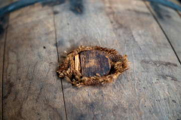 Production of sweet cassis creme liquor from ripe black currant berries, distillation and maturation in wooden barrels.  Burgundy, France