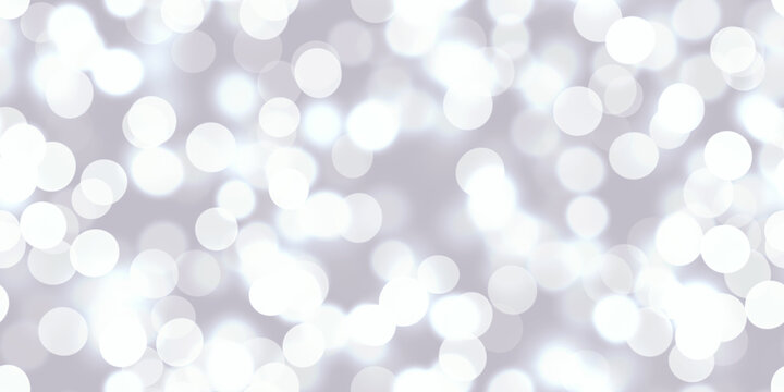 Seamless iridescent bokeh texture. Silver and white dreamy soft focus holiday party backdrop. Abstract blurred glitter circles 3D render wallpaper.