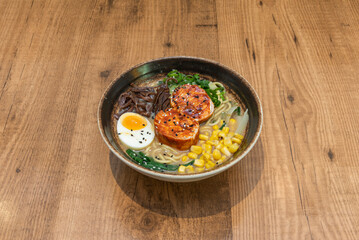 Korean Ramen made with vegetable broth, Kimchi, shoyu sauce, paprika, onion, Chinese cabbage, ... Chicken Ramen Noodles and Shiitake Mushrooms