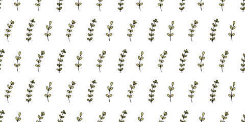 Vector surface design. Colored seamless pattern with doodle flowers. Nature eco concept. Petals, stems, leaves. Hand drawn background. For printing on fabric and paper. Backdrop for cards invitations.