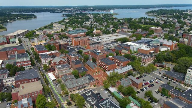 Aerial view of Salem historic city center and Salem Harbor in City of Salem, Massachusetts MA, USA.