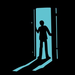 Black blue silhouette of person opening door