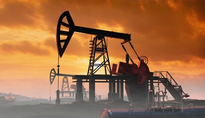 Oil pump, oil industry equipment, drilling derricks from oil field silhouette at sunset. Energy...