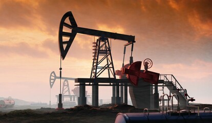 Oil pump, oil industry equipment, drilling derricks from oil field silhouette at sunset. Energy...