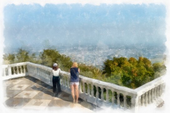 Landscape of Chiang Mai in Thailand watercolor style illustration impressionist painting.