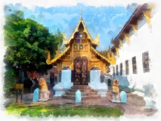 Fototapeta premium Landscape of ancient northern architecture in Chiang Mai Thailand watercolor style illustration impressionist painting.