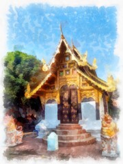 Landscape of ancient northern architecture in Chiang Mai Thailand watercolor style illustration impressionist painting.