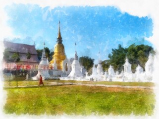 Fototapeta premium Landscape of ancient northern architecture in Chiang Mai Thailand watercolor style illustration impressionist painting.
