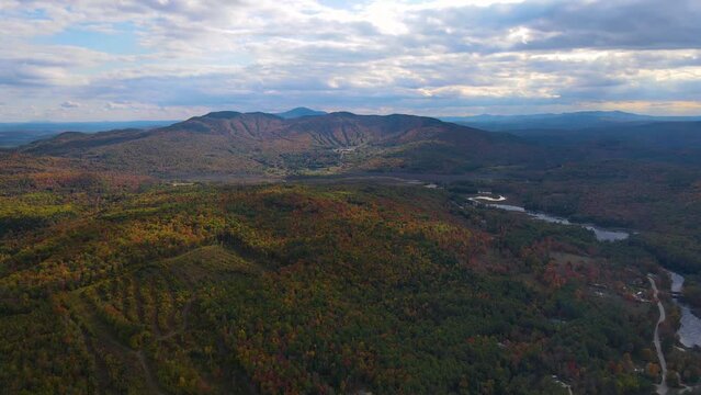 Ragged Mountain Resort and ski area aerial view with fall foliage in town of Danbury, New Hampshire NH, USA.