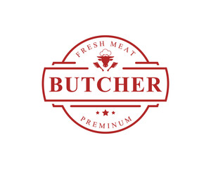 Vintage Retro Butcher shop Vector Illustration Good for Farm or Restaurant Badges with Animals and Meat Silhouettes Typography Emblems Logo Design