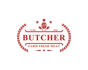 Fototapeta na wymiar Vintage Retro Butcher shop Vector Illustration Good for Farm or Restaurant Badges with Animals and Meat Silhouettes Typography Emblems Logo Design