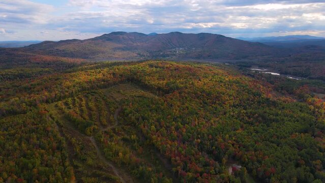 Ragged Mountain Resort and ski area aerial view with fall foliage in town of Danbury, New Hampshire NH, USA.