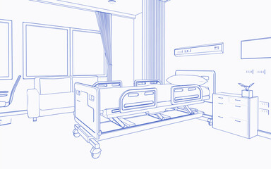 Hospital interior blueprint in recovery or inpatient room