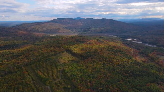 Ragged Mountain Resort and ski area aerial view with fall foliage in town of Danbury, New Hampshire NH, USA.