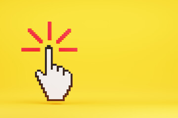 Hand cursor clicking isolated on yellow background with copy space. 3d illustration.