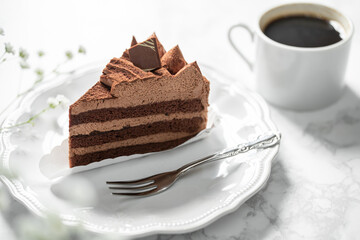 ケーキ　チョコレートケーキ　スイーツ　ティータイム　白背景