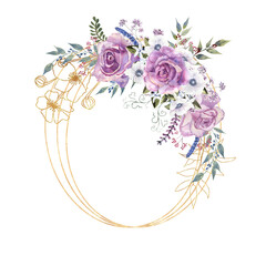 Geometric floral frame with purple roses and anemones in a glass vase on a white isolated background. Hand-drawn watercolor illustration