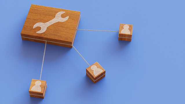 Configure Technology Concept with tool Symbol on a Wooden Block. User Network Connections are Represented with White string. Blue background. 3D Render.
