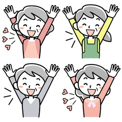 バンザイをするシニア女性の上半身セット
