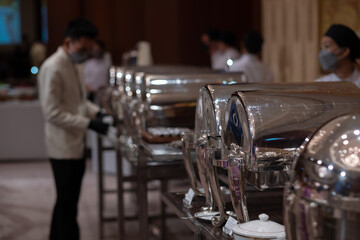 buffet food, catering food party at restaurant, mini canapes, snacks and appetizers