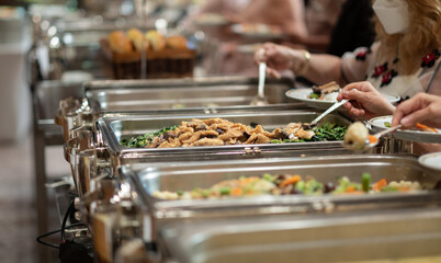 buffet food, catering food party at restaurant, mini canapes, snacks and appetizers