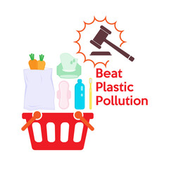 Beat plastic pollution by legislation to restrict plastic use in manufacturing process, helping to reduce plastic consumption. Vector illustration outline flat design style.