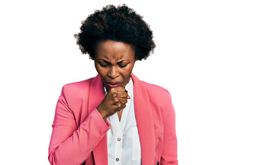 African american woman with afro hair wearing business jacket feeling unwell and coughing as symptom for cold or bronchitis. health care concept.