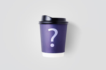 Paper coffee cup mockup with question mark, brand identity concept